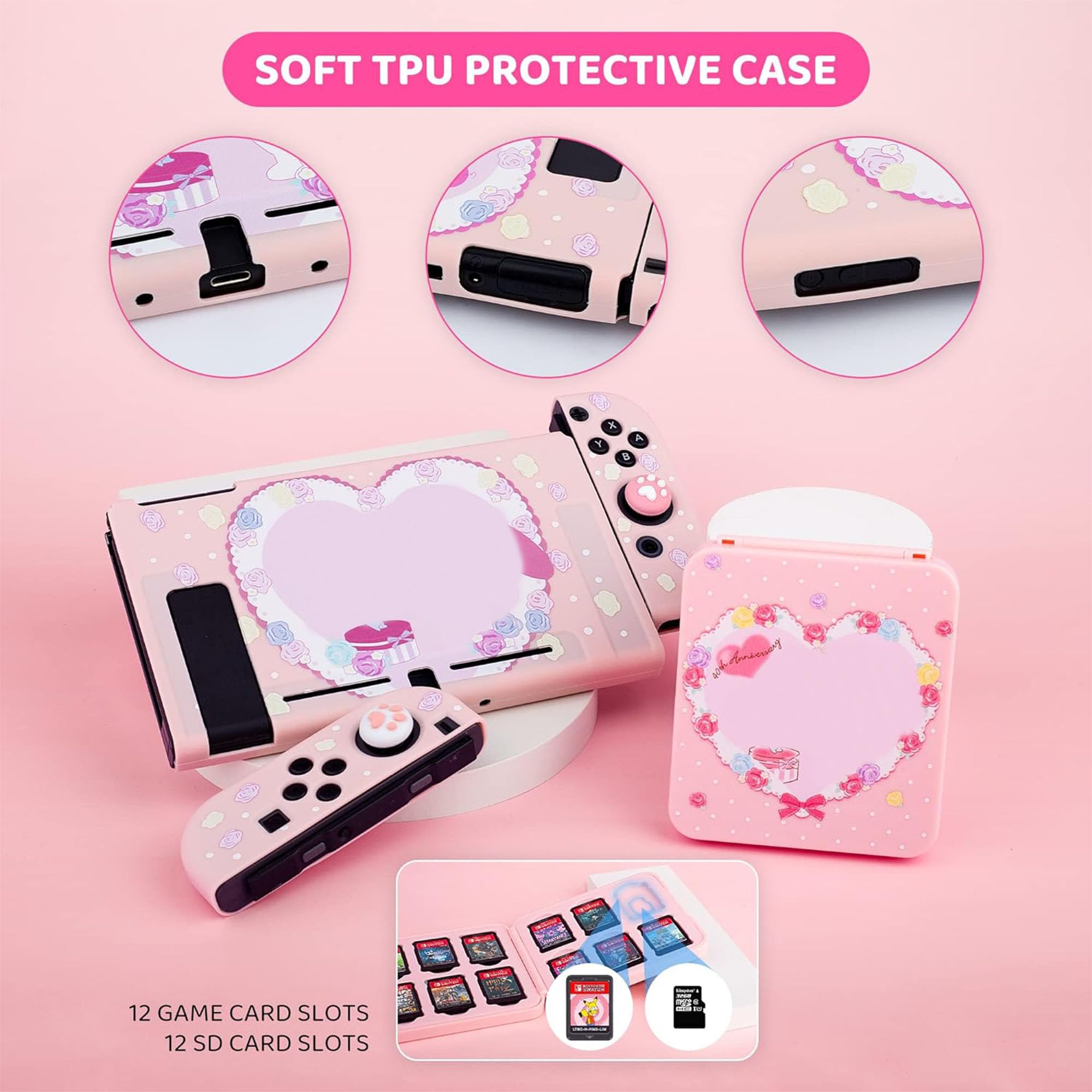 RHOTALL custodia da trasporto per Nintendo Switch, rosa custodia da viaggio accessori per Switch con guscio protettivo, tracolla, custodia per carte di gioco, protezione schermo e 2 tappi per pollice