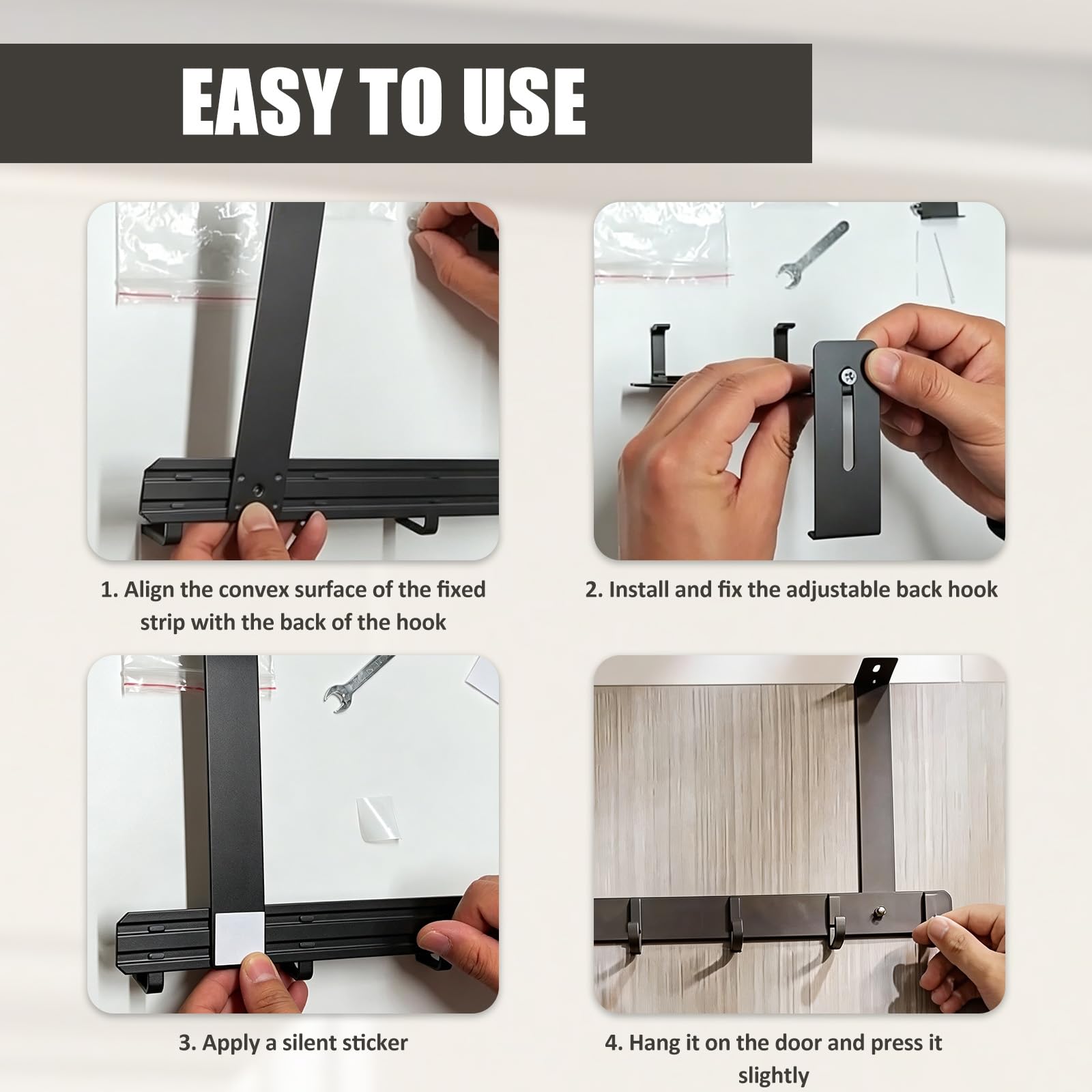 Appendiabiti da Porta, Attaccapanni da Porta, Appendino da Porte Regolabile per 22-58mm, Ganci Porte con 5 Ganci, Gancio Door per Camera da Letto, Bagno, Cucina, Grigio