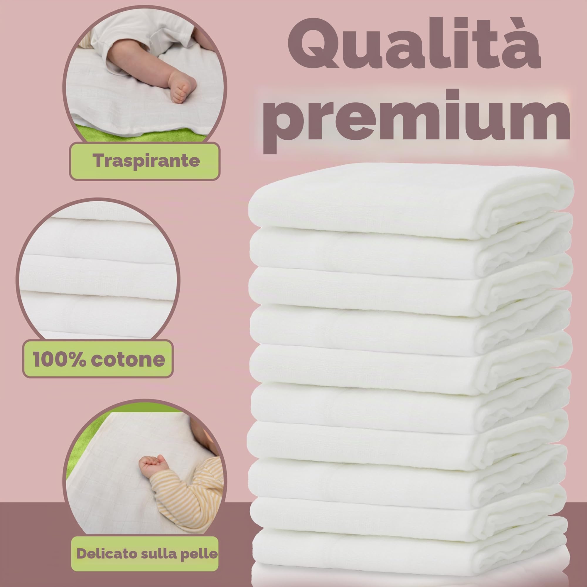 NatureMark Set da 10 Panni in Mussola per Bambino 100% Cotone 70x70 cm Bianca