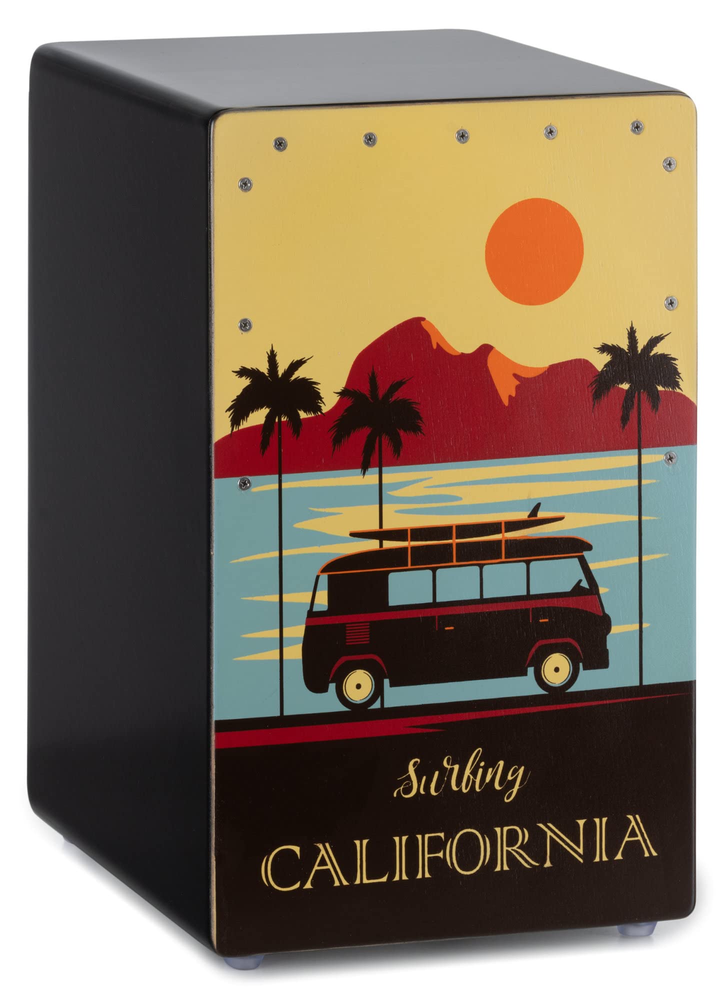 XDrum Design Series Cajon "California", Integrierter Bass Port, 5 cm | Designer-Cajon mit "California"-Kunstdruck, Korpus: HPL (High Pressure Laminate), Obere Hälfte der Schlagfläche geschraubt