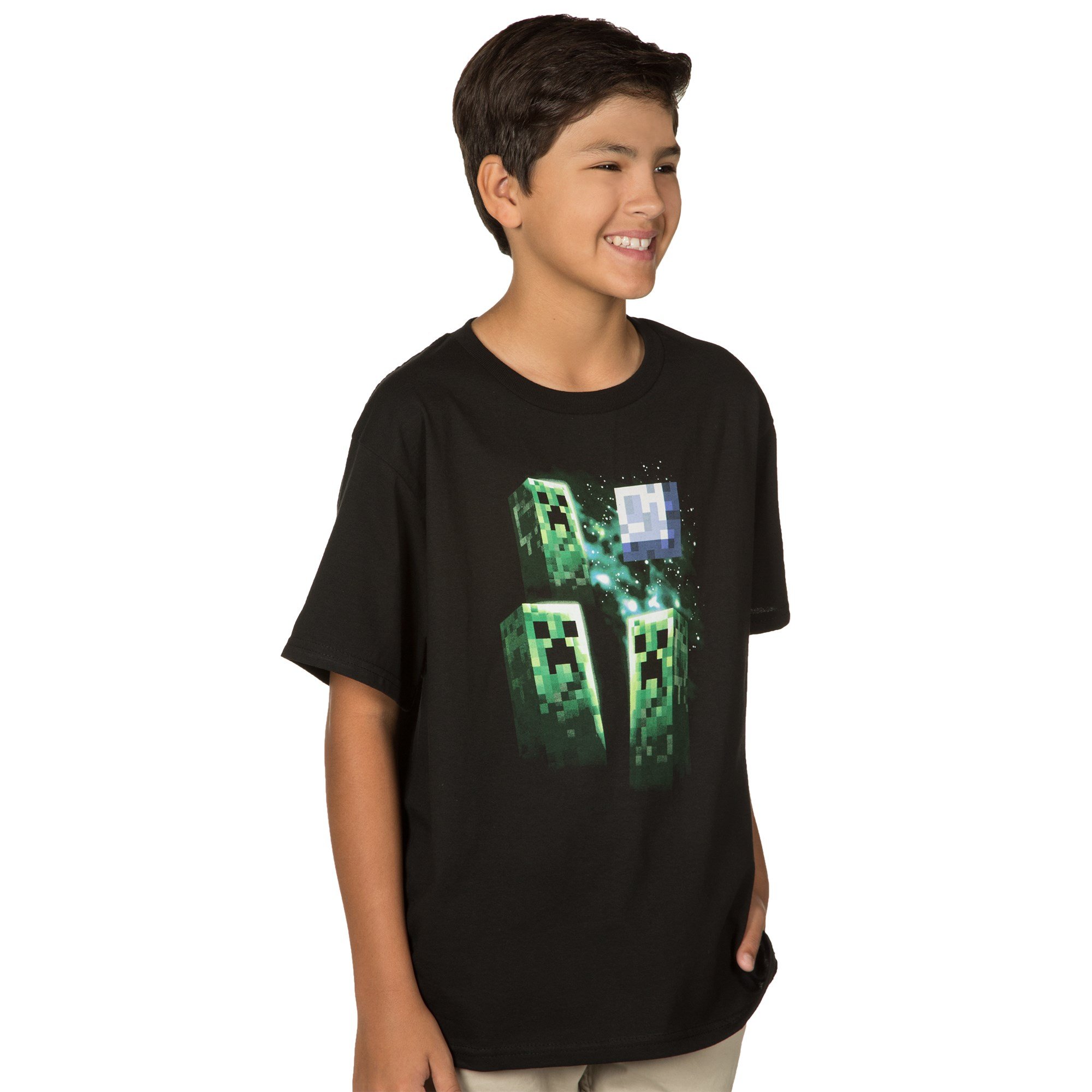 Minecraft Three Creeper Moon Youth Short Sleeve Black Tee Shirt