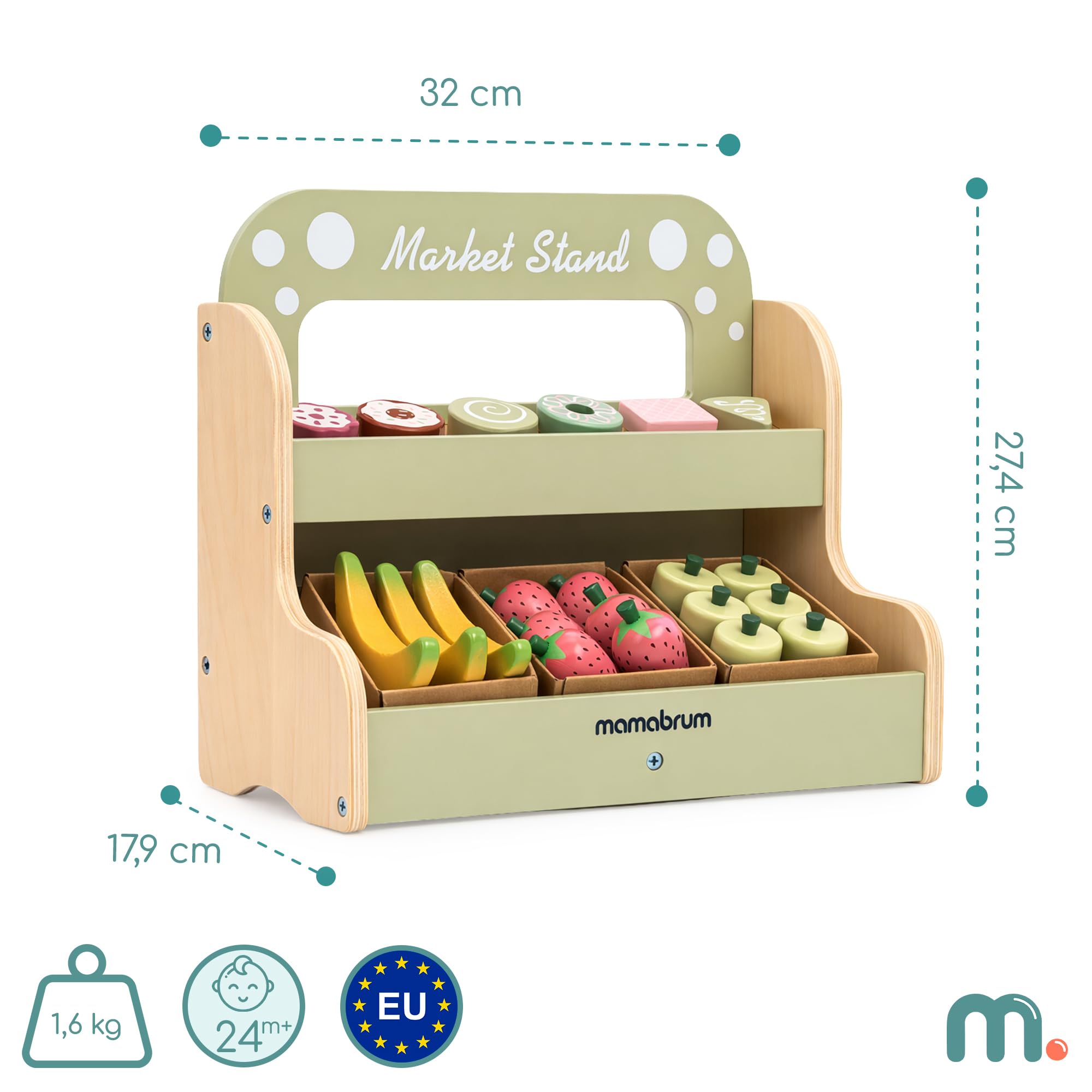 Mamabrum Holz Kinderladen Marktstand Zweistöckig Tragbar 24-Teiliges Set Obst und Dessert Rollenspiel Spielzeug für Kinder ab 24 Monaten, 17,9 x 32,0 x 27,4 cm