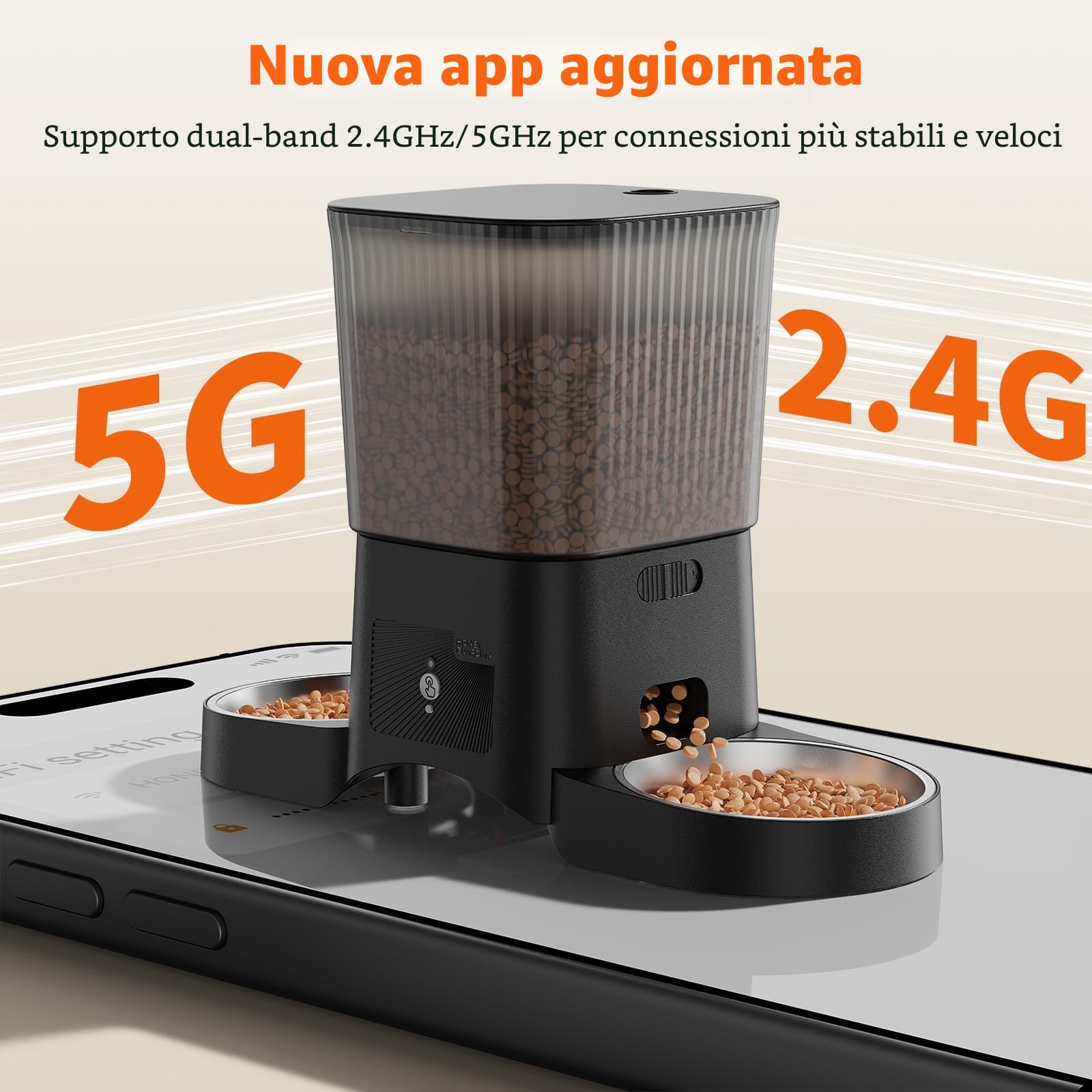 HoneyGuaridan 5G/2.4G WiFi Distributore Automatico Cibo Gatti con 2 Ciotole, Distributore Automatico Intelligente per Gatti e Cani, 4 Piedini Antiscivolo, Stabilità, 1-6 Pasti al Giorno (3.5L)