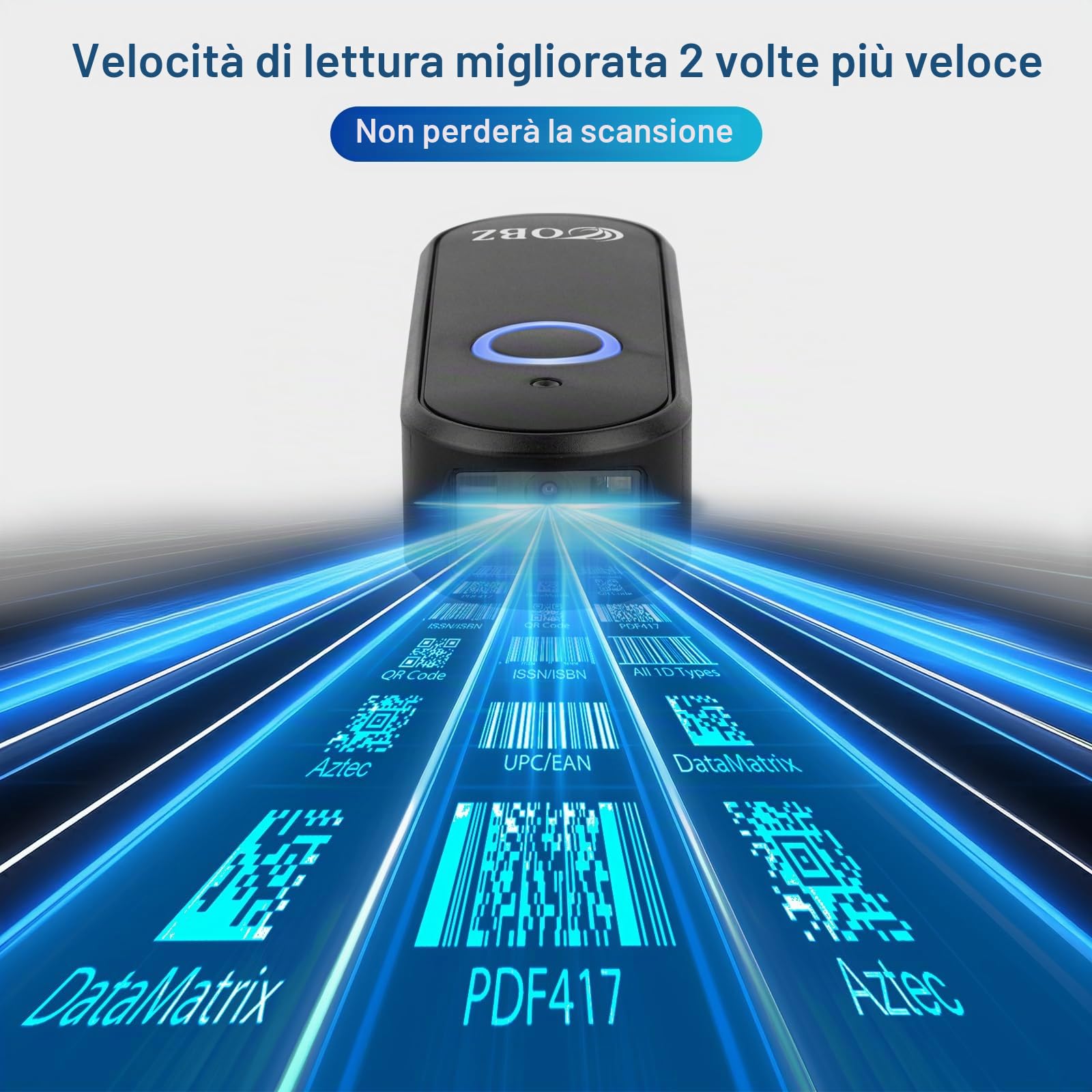 OBZ Mini Lettore Codice a Barre Wireless 1D 2D QR - Lettore Barcode Bluetooth (USB Cablato + 2.4GHz) Scanner Portatile per PC, Android, Mac OS, iOS, Phone