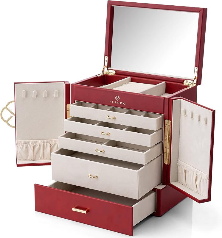 Vlando Joyero grande, joyeros y organizadores de 6 niveles, estuche de almacenamiento de joyas con espejo con 5 cajones, caja de cuero sintético para relojes, pendientes, collares, anillos, pulseras, regalos para mujeres, color rojo