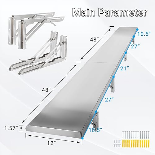 Miniatura 3 de Estante plegable de concesión de 96 x 12 pulgadas, ventana desplegable de servicio de concesión, estante plegable de acero inoxidable para servir