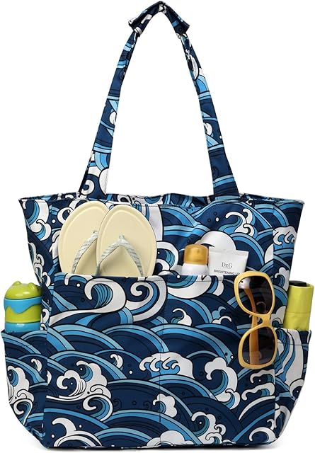 Kasgo Beach Tote Bags for Women, Water Resistant Sandproof Large Pool Bag Stylish Zipper Beach Tote for Gym Travel Shopping School