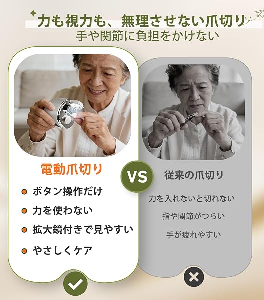 AREDAN 電動爪切り 拡大鏡LEDライト付き 高齢者・介護用 視力が弱い・握力が弱い方に 爪磨き機能付き 安全設計 切る&磨く一体型 3段階スピード 静音設計 Type-C充電 電動つめきり 大ぴん人用 子供用 爪傷防止 爪飛び散り防止 看護師の声をもとに考えた設計 爪切り 電動 グレー色 - 2