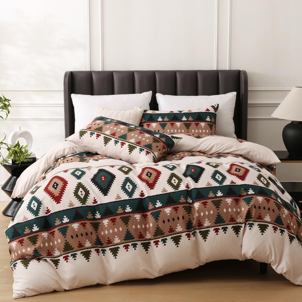 Duvet Cover Set – Soft & Breathable Microfiber Bedding, All Season Comforter Cover with Zipper Closure & Corner Ties, 3 Piece Set (King (U.S. Standard), Beige Geometric Line)