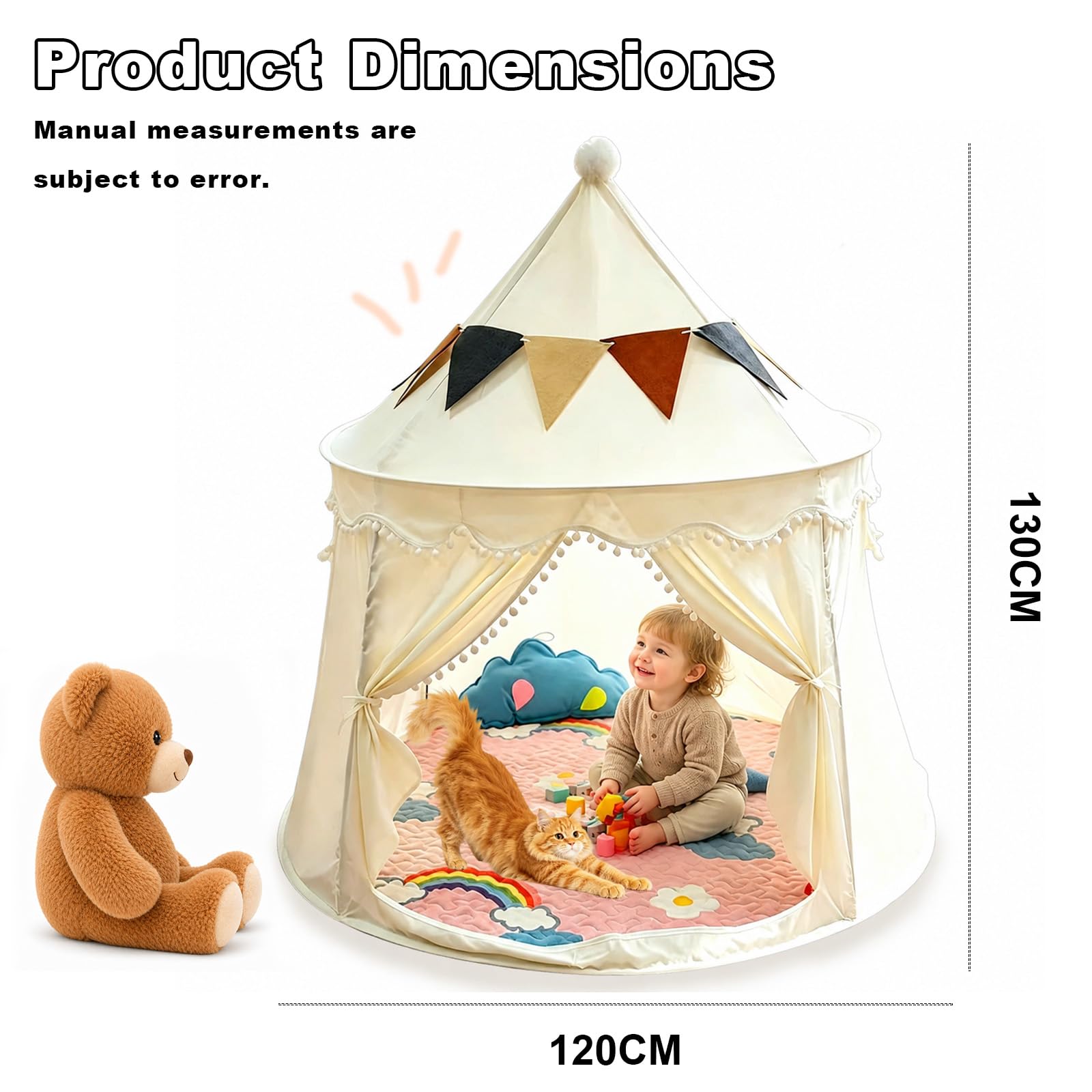 Tenda da Gioco per Bambini con Festone Decorativo, Borsa per Il Trasporto e Tappetino Imbottito – Casetta per Interni ed Esterni per Bambini e Bambine dai 3 ai 7 Anni, White