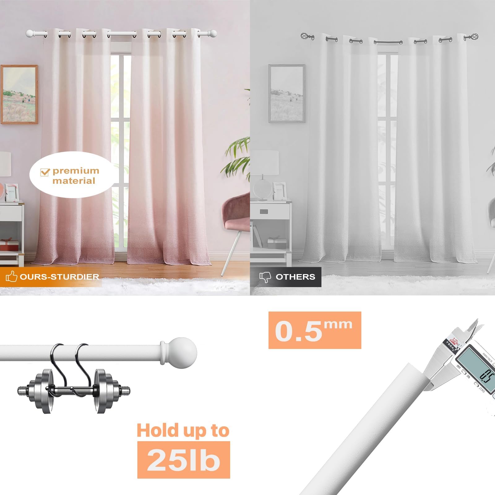 2 pezzi asta per tende bianca 71-300 cm, set di aste per tende a parete con staffe, asta decorativa da 16 mm bianca opaca lunga 3 m