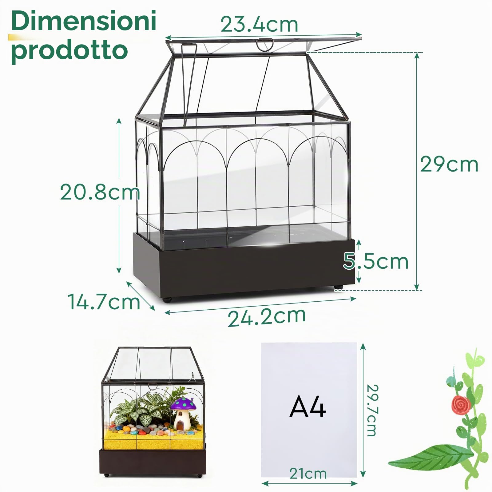 EFUTURETIME Mini Terrario Piante 24,2 x 14,7 x 29 cm con Vassoio Estraibile, Terrarium Vetro a Forma di Casa per Piante Grasse, Cactus e Progetti Fai da Te (senza Piante)