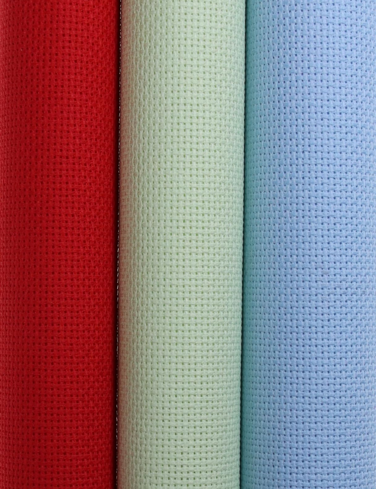 KCS 3 pc of 15" x 18"(38cmx45cm) Counted Cross Stitch Cotton Aida Cloth Needlework Rolled Fabric Box,18CT,Light Blue+Light Green+Red