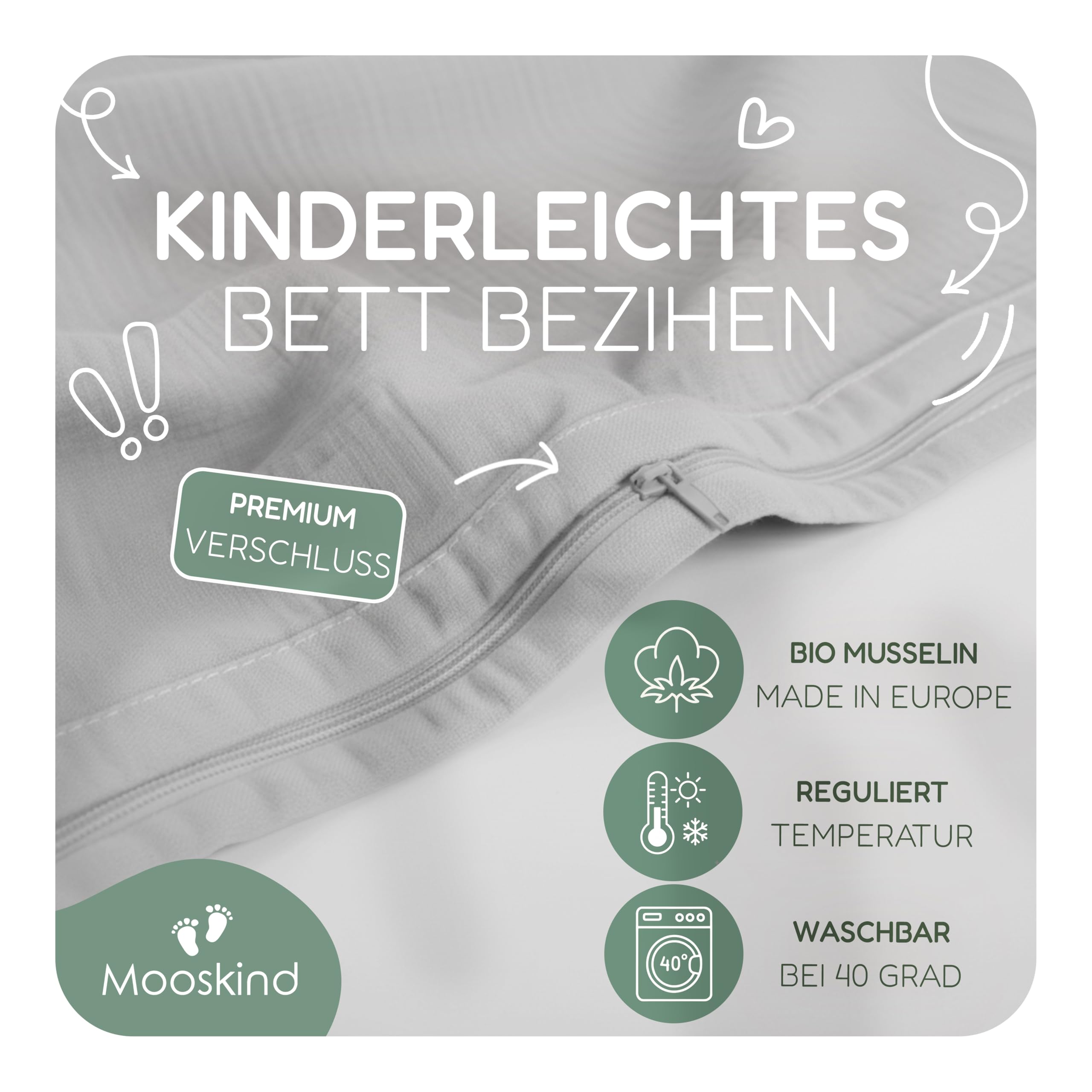 Musselin Kinderbettwäsche 200x135 cm mit Kissenbezug 80x80 cm [grau] – 100% Bio Baumwolle & Ökotex geprüft – Musselin Bettwäsche Kinder Set für Mädchen & Jungen – Made in Europe