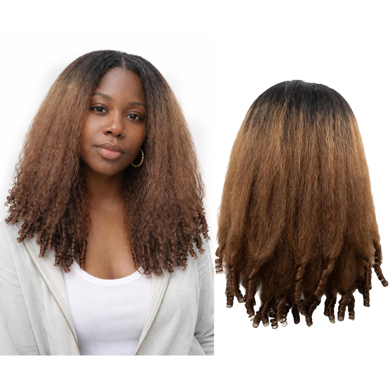 V Part Wig Human Hair Kinky Straight with Burmese Spiral Curl, 20 Inch, 180% Density Upgrade U Part Wigs with Drawstring, V Shape Clip In Half Wig for Women, Black with Honey Brown Color