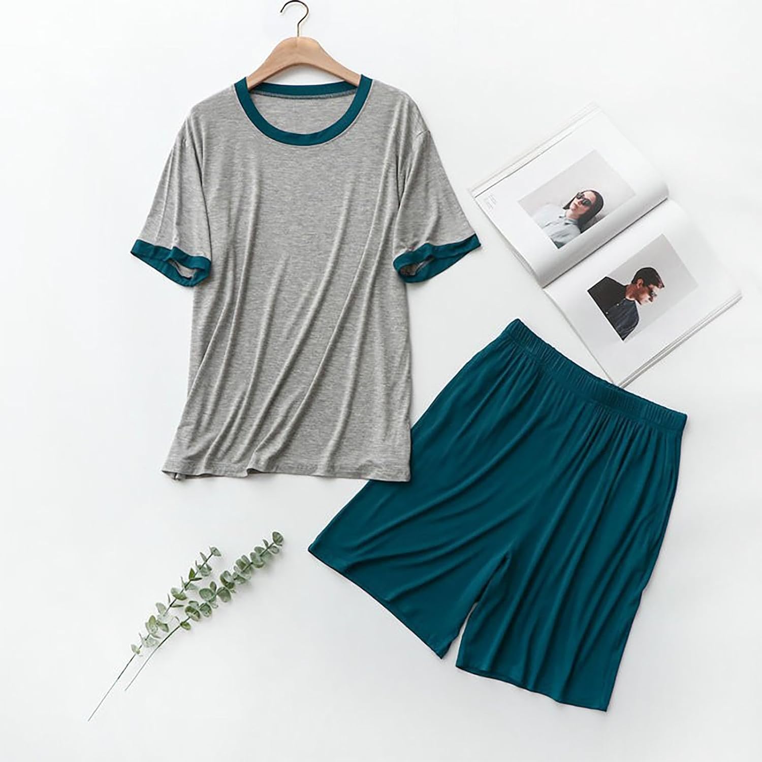 Modal Cotton Pajama Set for Women Solid Soft Sleepwear Short Sleeve Top with Soft Shorts Pjs Color Block Lounge Outfits