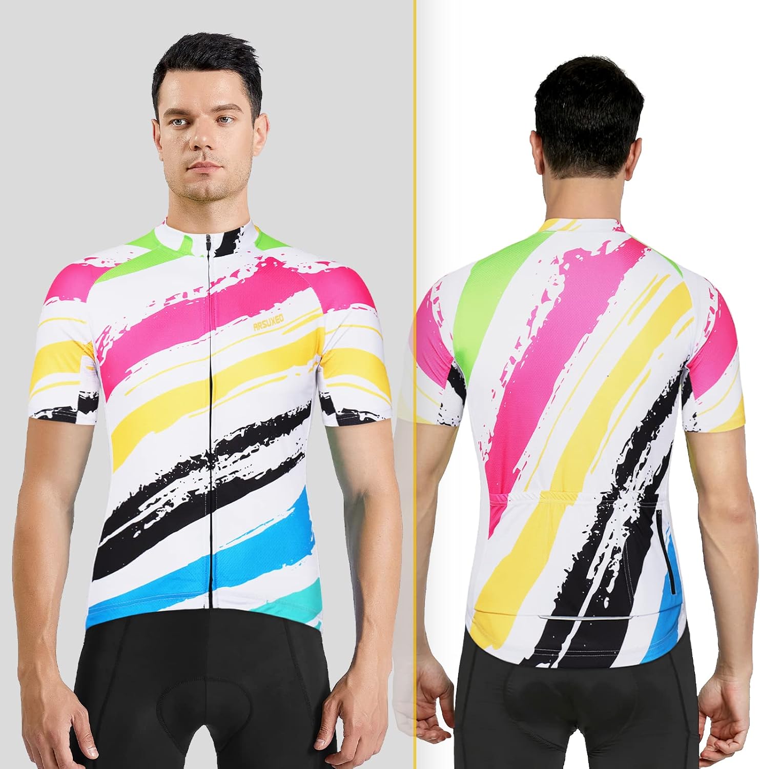 ARSUXEO Men's Cycling Jersey Short Sleeves Mountain Bike Shirt MTB Top Zipper Pockets Reflective - Image 2