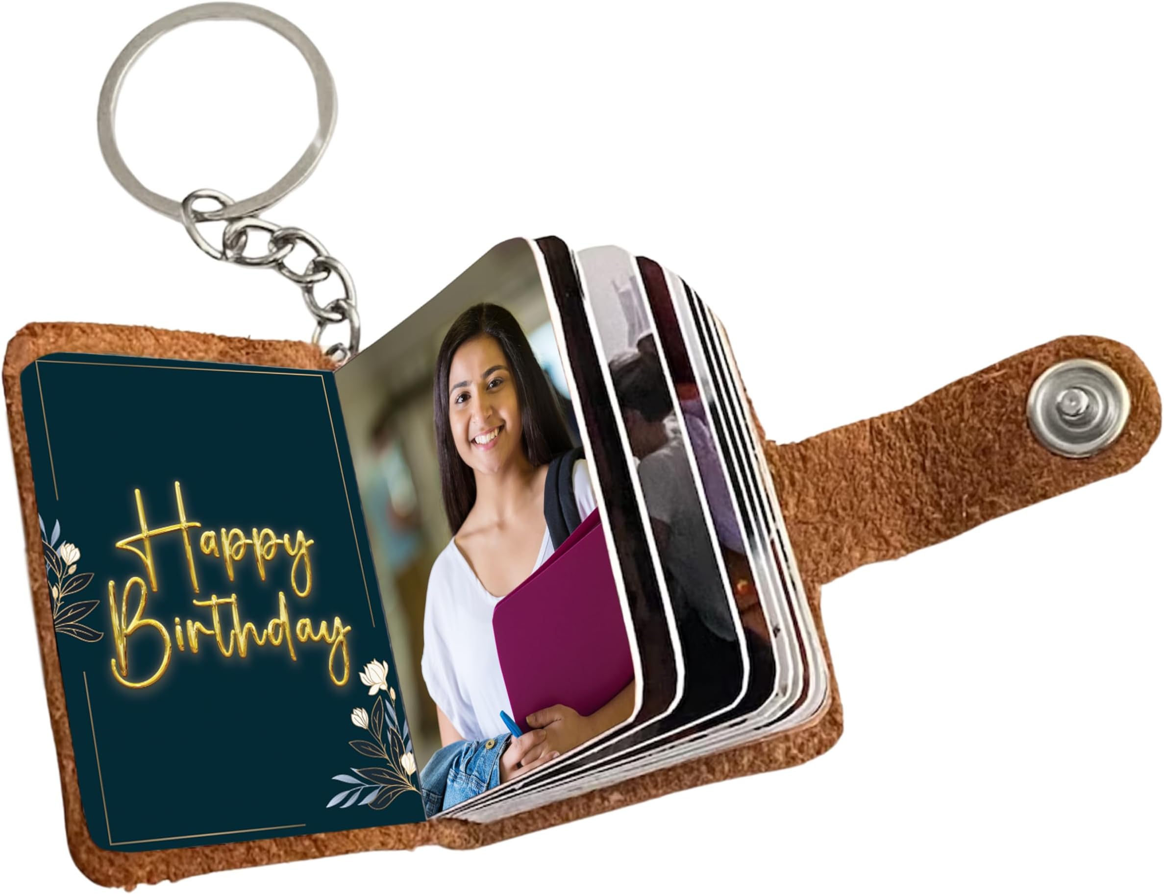 customizable Leather Keychain & Photo Book - Holds 12-24 Pictures -for Birthdays, Anniversaries & Special Moments - Ideal Gift for Couples & Families, Brown