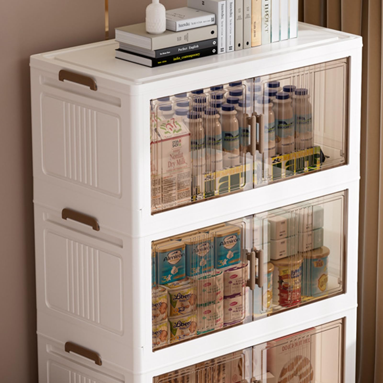 Contenitori pieghevoli a 4 livelli con coperchio e ruote, scatole in plastica trasparente con maniglia laterale per il trasporto, armadi versatili per camera da letto e cucina, porte di facile accesso