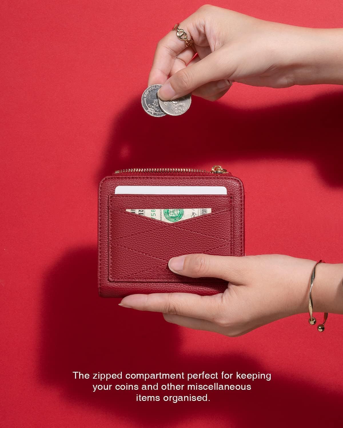 Genuine Leather Wallet for Women RFID Blocking Bifold Large Capacity with ID Window & Zipper Pocket (Dark Red)