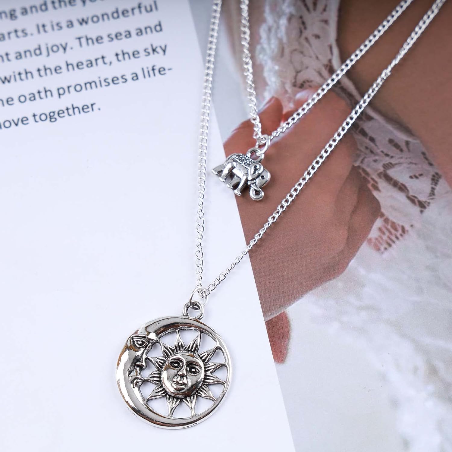Boho Layered Elephant Necklace Choker Layered Sun Moon Choker Necklace Silver Coin Pendant Necklace Vintage Sun Face Necklace Chain Jewelry for Women - Image 3