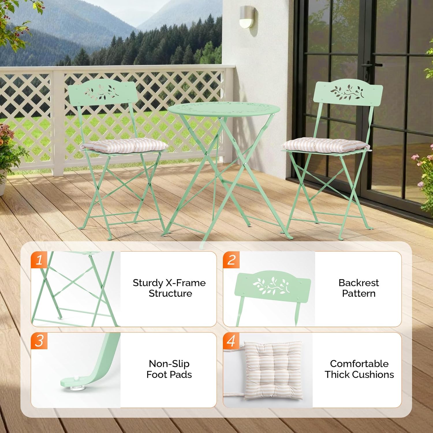 VINGLI Outdoor Folding Bistro Table and Chairs Set of 2, 3-Piece Bistro Set with Olive Leaf Cutout Design and Comfortable Cushions for Patio, Balcony, Garden, Porch, Yard, Mint Green