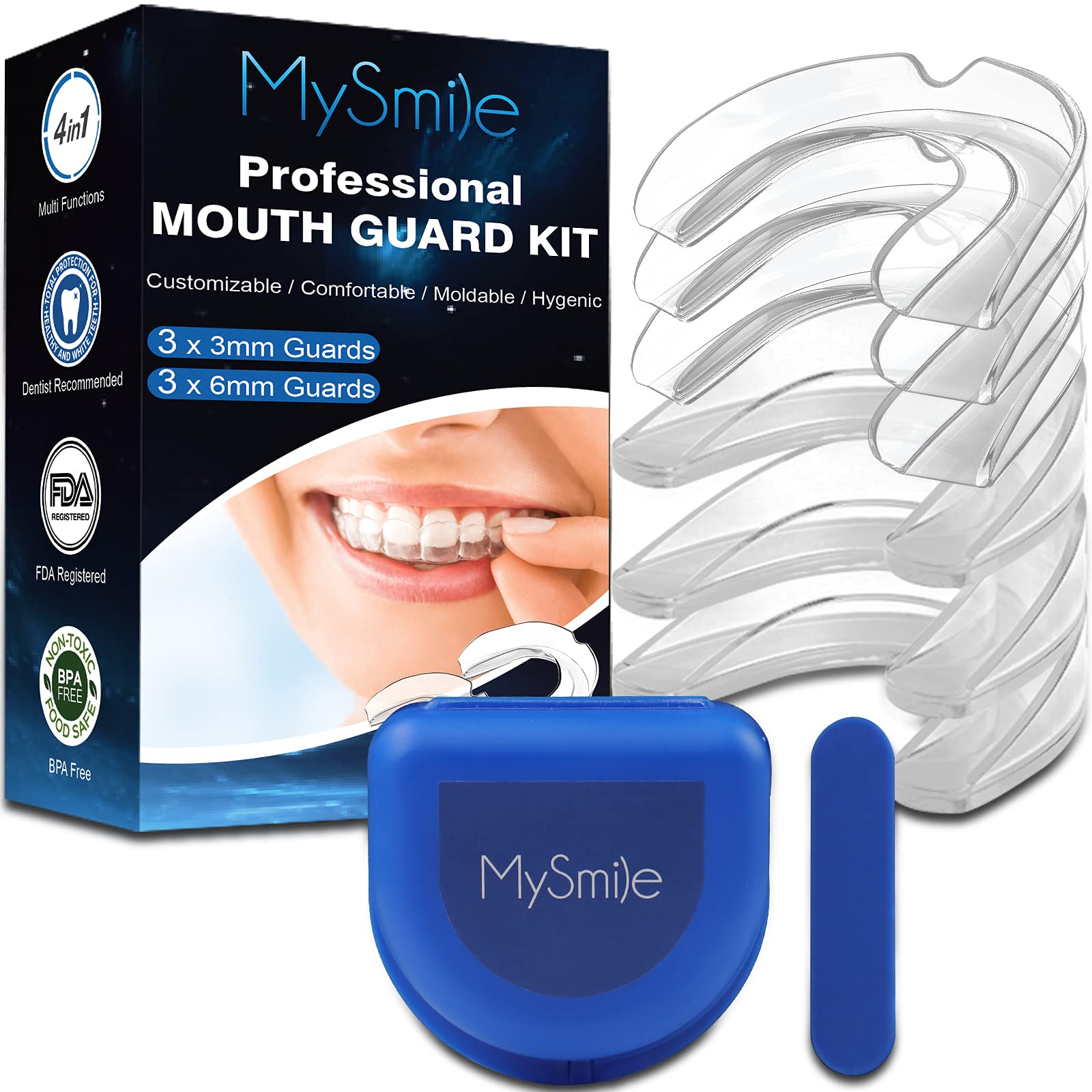 MySmile Moldable 4 In 1 Mouth Guard Professional Custom Fit Dental Night Guard 6-Pack 2 Sizes Kit with Travel Hygiene Case and Molding Stick for Teeth Grinding Athletic Protection and Whitening Tray