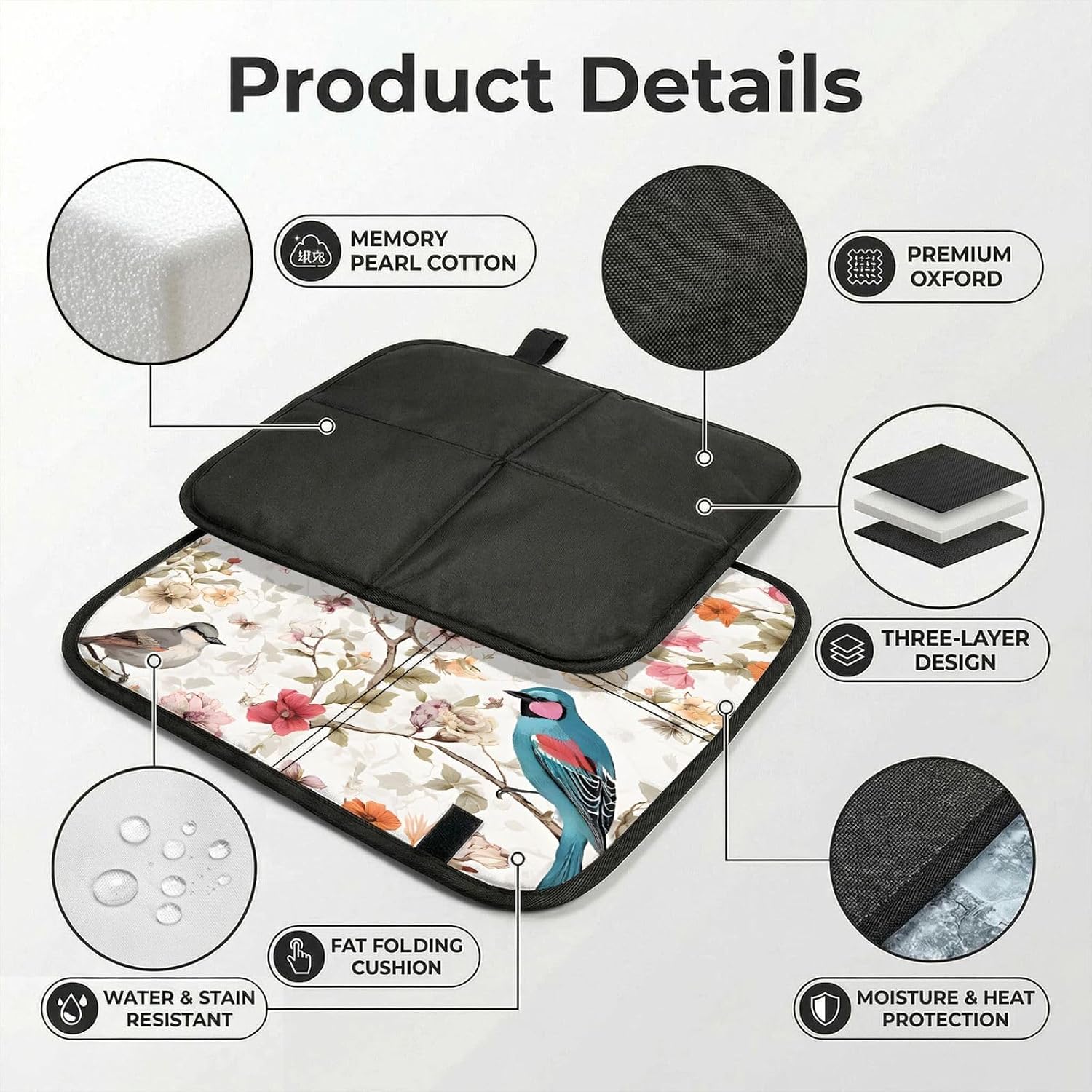 (Japanese Pine & Birds) Sitting Pad Foldable Seat Cushion Lightweight Camping Seat Mat with Hook for Outdoor Hiking Picnic Camping