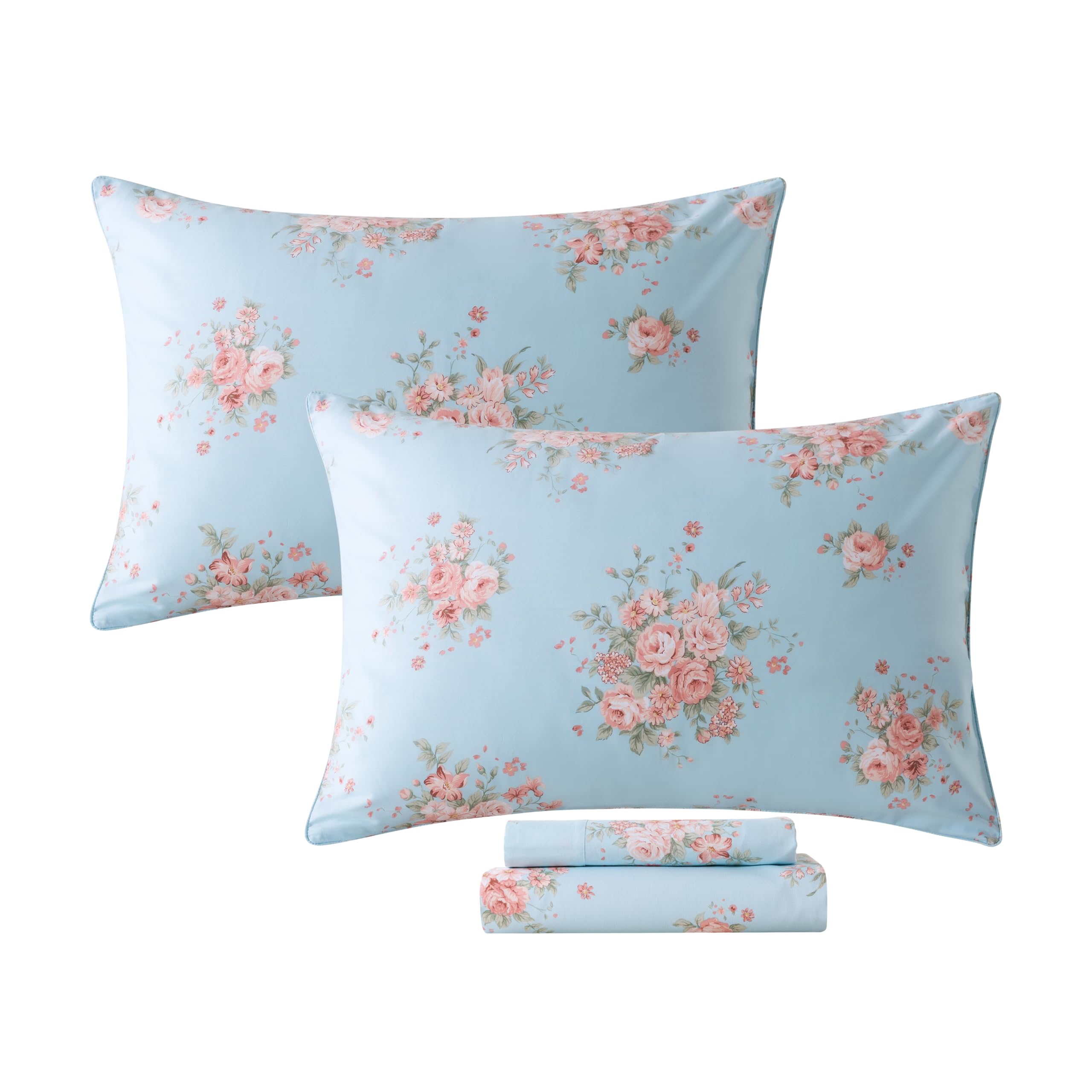 FADFAY Sheets Set Full Blue Rose Floral Bedding Rustic Peony Flower Bed Sheet Set Vintage Farmhouse Bedding 100% Cotton Ultra Soft Breathable Beddings with Deep Pocket Fitted Sheet 4Pcs, Full Size
