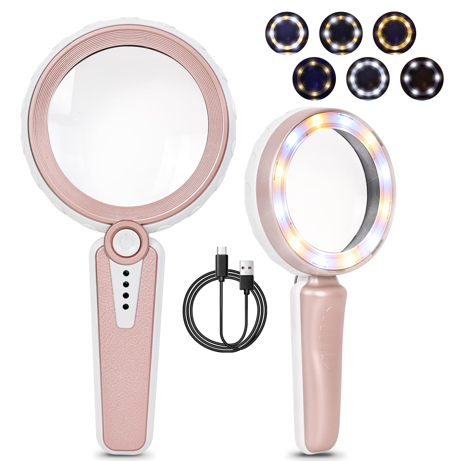 Lupa 45X con luz, 6 modos de color, lupa de mano grande de 4.6 pulgadas, recargable de 1200 mAh para mujeres, personas mayores de baja visión con degeneración macular, lectura, joyas, monedas