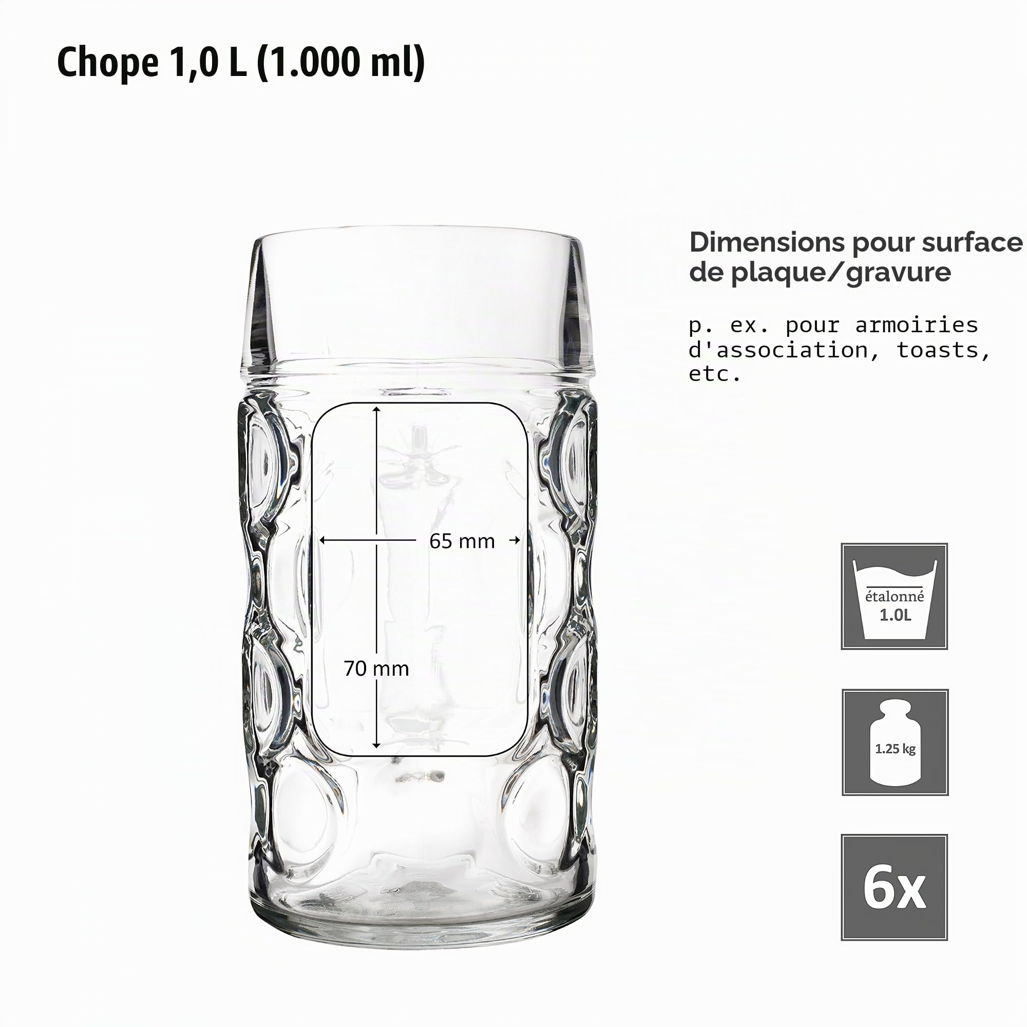 VAN WELL Lot de 6 chopes à bière Wellco de 1 L en Verre Calibrées