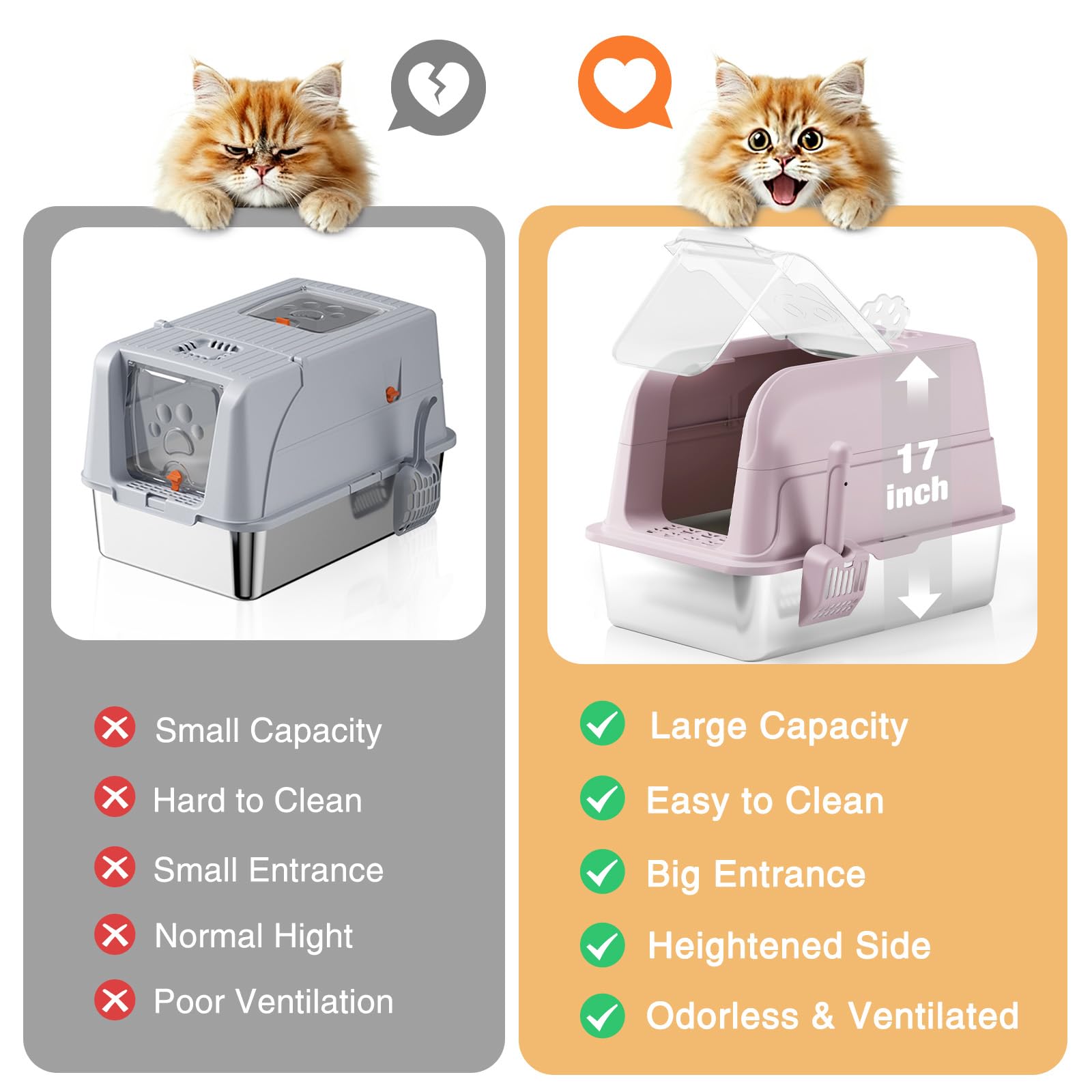 Lettiera per gatti in acciaio inox, completamente chiusa, extra large, in metallo, con lati alti e coperchio trasparente a 120°, paletta e tappetino, viola, XL