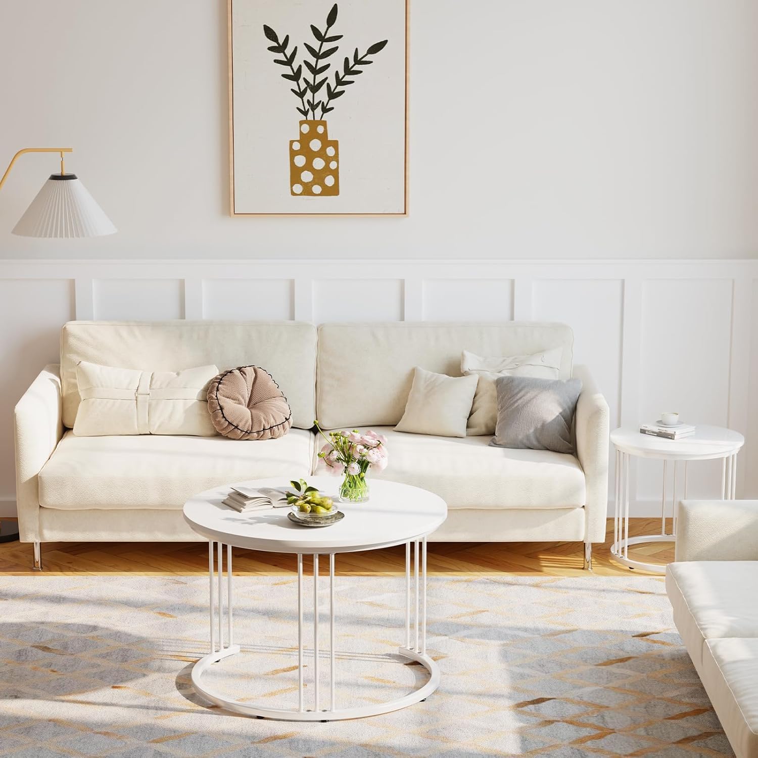 Garden 4 you Couchtisch Rund, Satztisch 2er Set, Wohnzimmertisch Modern, Couchtisch aus Holz, Beistelltisch Set Rund, Kaffeetisch, Sofatisch, Tischkombination fürs Wohnzimmer Büro Balkon (Weiß)