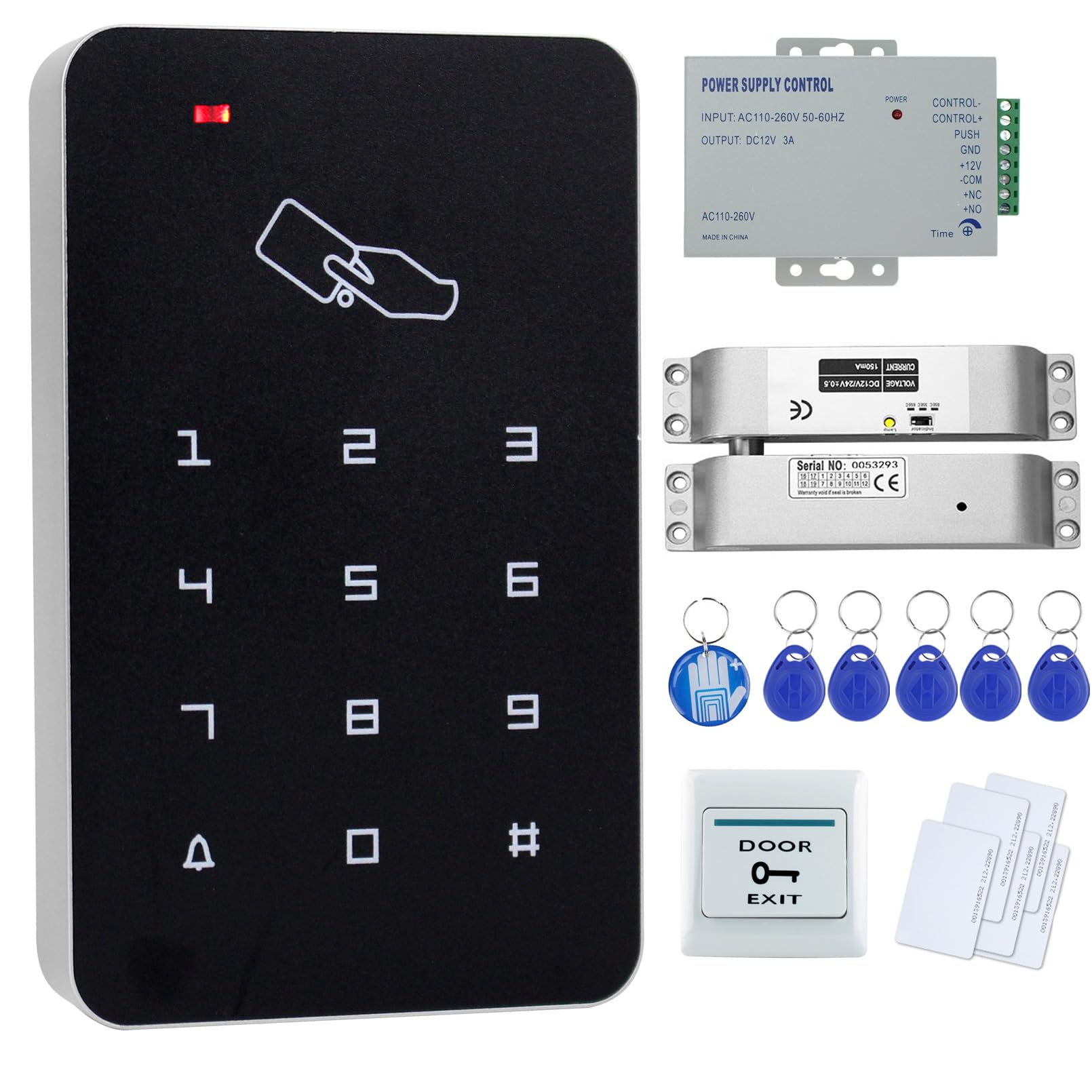 RFID Door Access Control System Keypad +NC Electric Drop Bolt Lock+Power Supply+Exit Button +10pcs Fobs/Cards