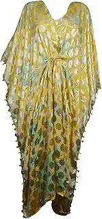 Mogul Interior Womens Yellow Maxi Caftan Printed Sari Kimono Dress Beach Cover Up 3X