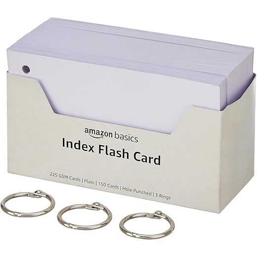 Amazon Basics Blank Index Flash Cards - Suitable for Study, Home and Work Notes - Dotted Pattern - Free Binder Rings - 220 GSM Thick - 3 x 5 inches