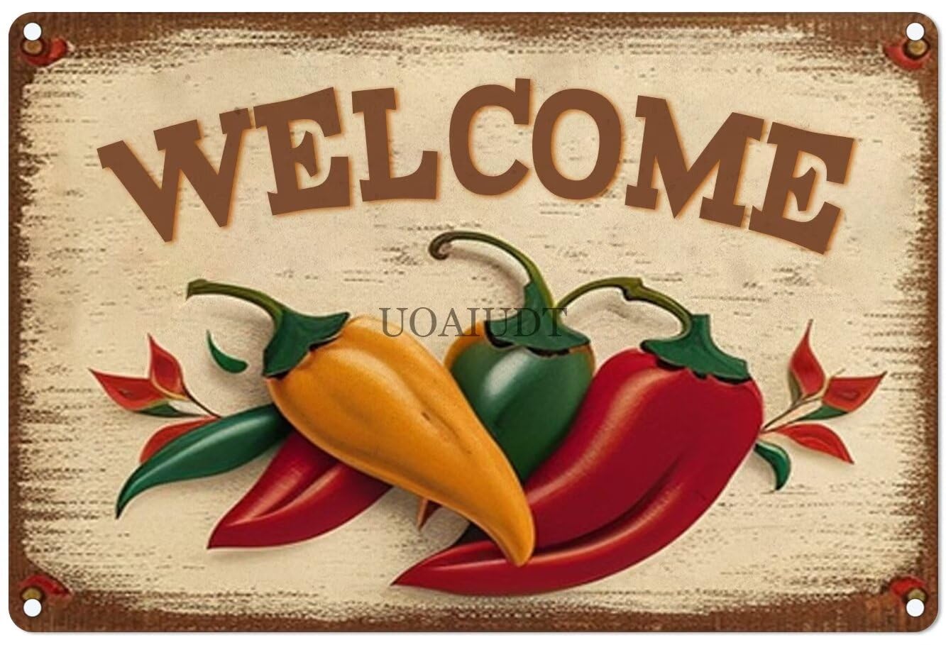 peiyeety Metal Tin Sign Vintage Chilli Pepper Welcome Art, Multi-Color Kitchen Wall Decor, Retro Farmhouse Metal Tin Sign for Porch, Patio, Kitchen, Dining Room,8x12 Inch