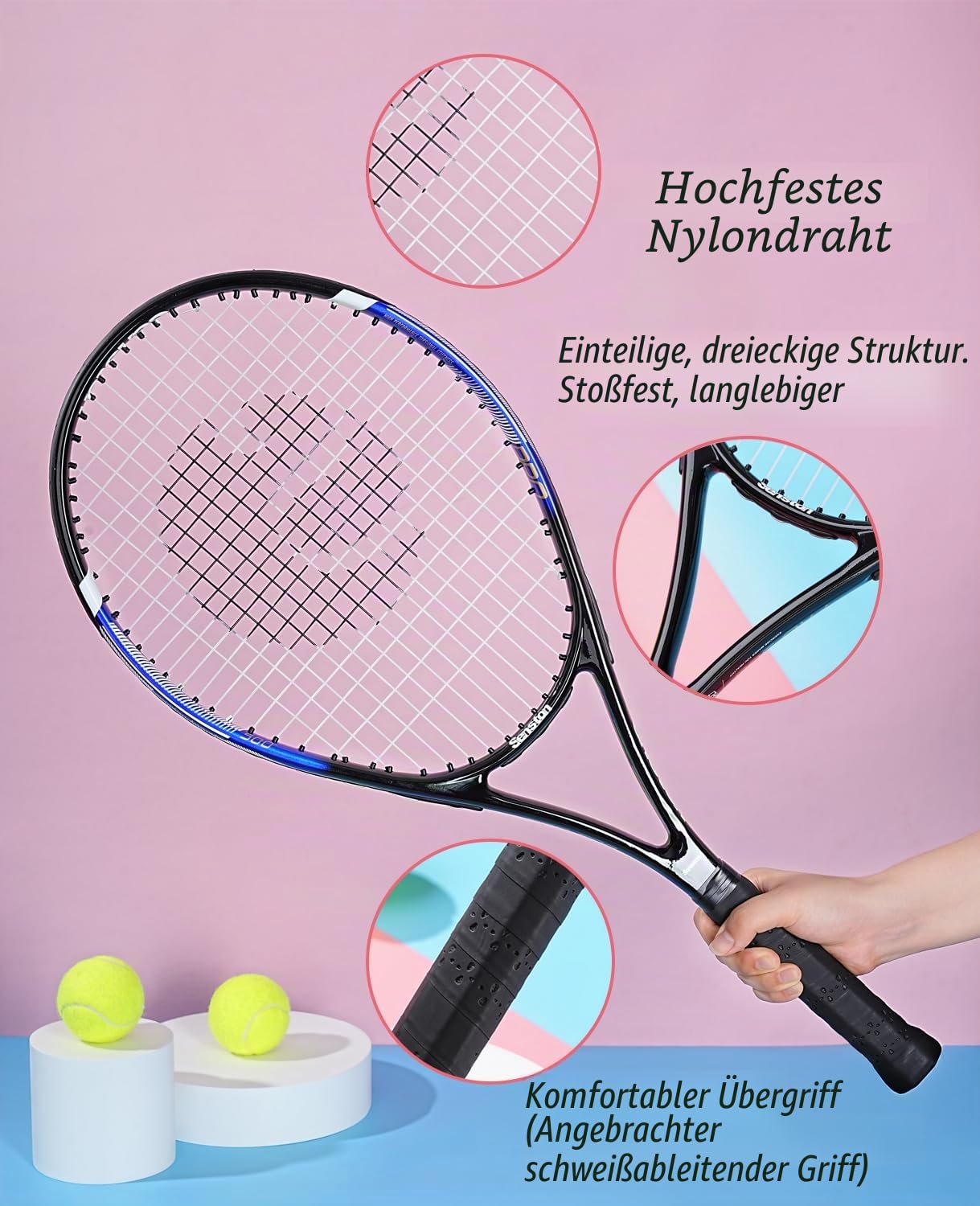 Senston Tennisschläger für Erwachsene 68,6 cm, Tennisschläger 2er-Set mit 3 Bällen, 2 Griffen, 2 Schwingungsdämpfern