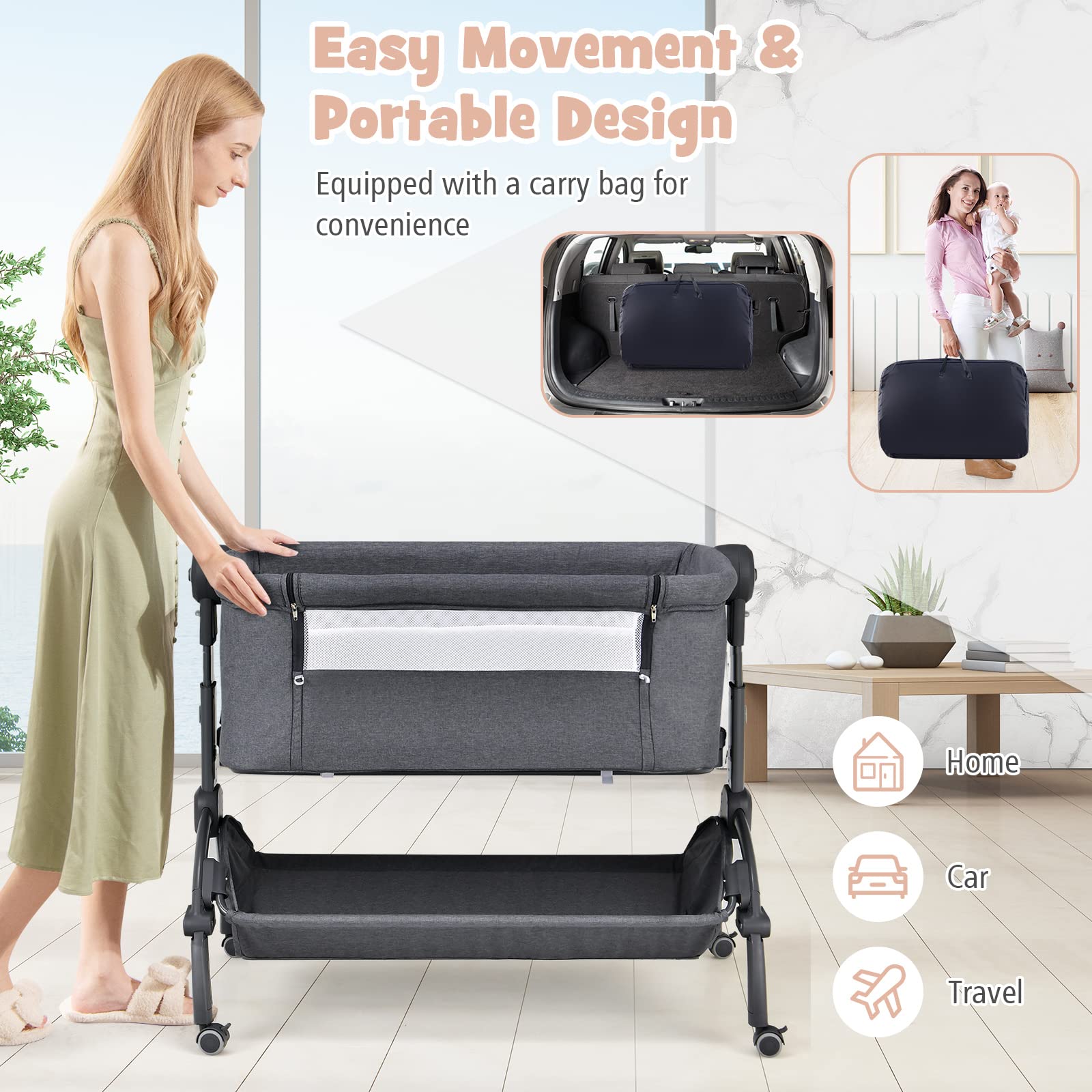 RELAX4LIFE Culla Neonato Fianco Letto, con Materasso, Zanzariera Cinghia Fissaggio, Regolabile In Altezza 7 Posizioni, Borsa di Trasporto, per Bambini 0-6 Mesi fino a 9kg (Grigio1)