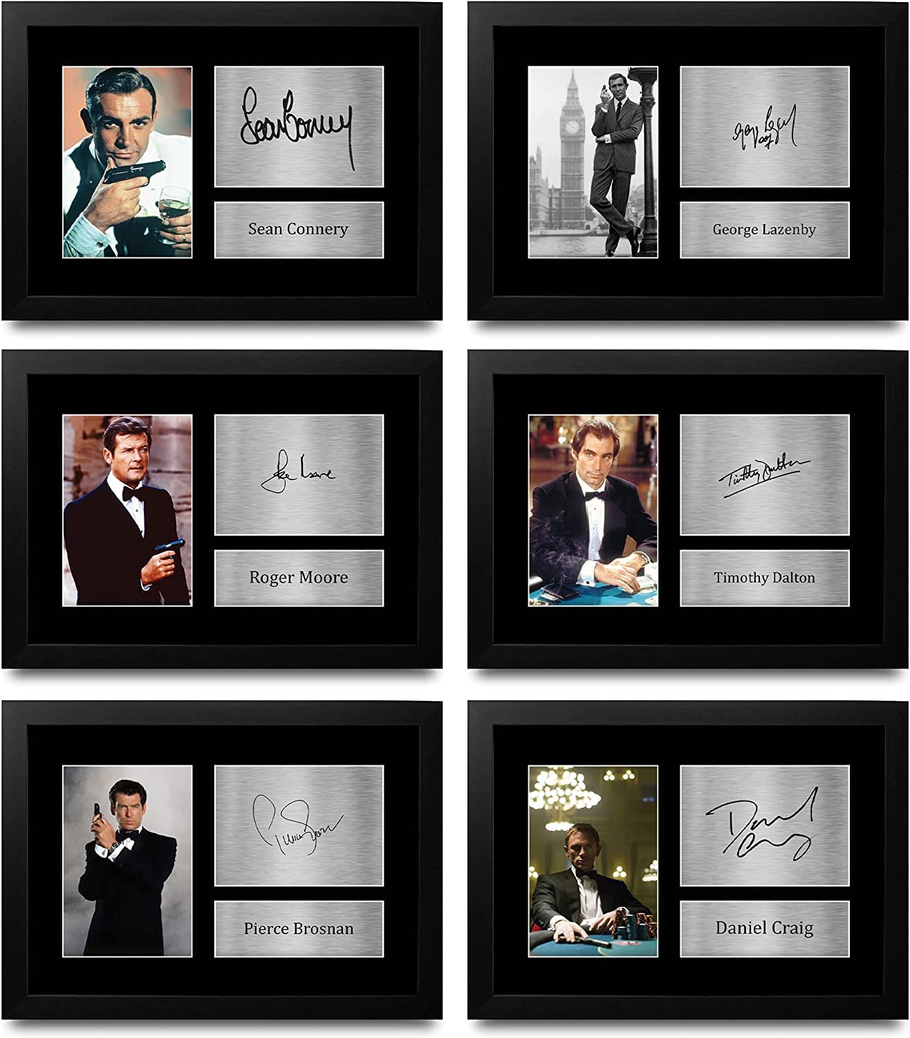 HWC Trading FR A4 James Bond Gift Collection Cadeaux Ensemble d’affiches imprimées Photo autographe signée pour les fans de cinéma - A4 Encadré