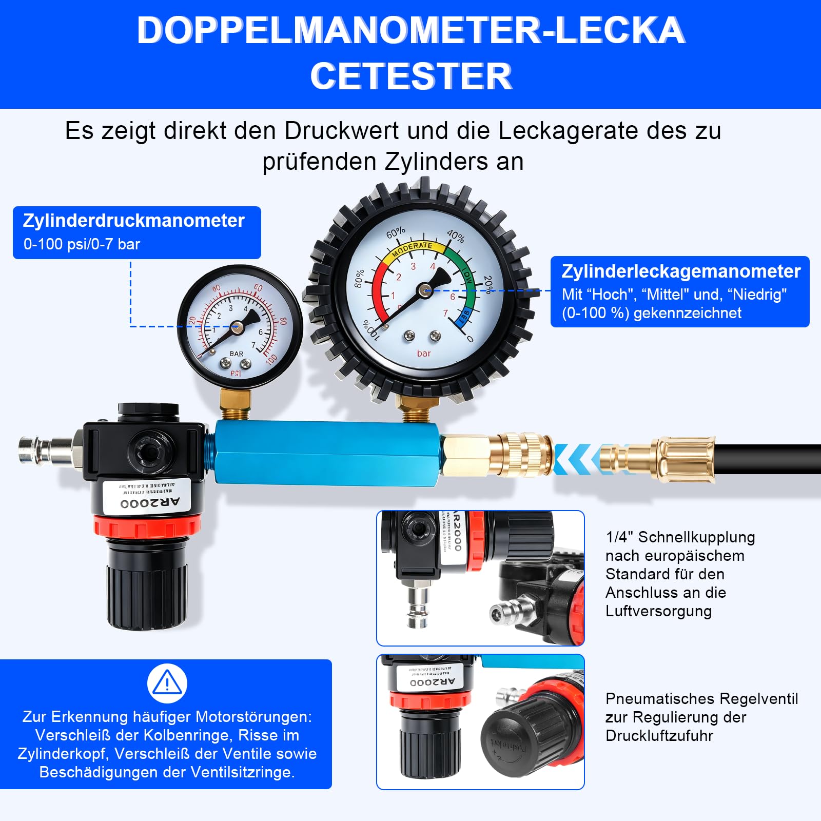 Tester di compressione professionale, 46 pezzi, 0-50 bar (0-725 Psi) per HDI, TDCi, tester di pressione di compressione diesel e motori a benzina, per auto, camion, moto, M8, M10, M12, M14, M20, M22