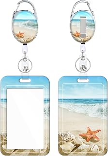 Retractable Badge Holder, Cute Print Pattern Belt Clip Badge Reel with Keychain, Name Tag Work Vertical Id Card Protector for Nurse Medical Teacher Student (Beach Starfish)