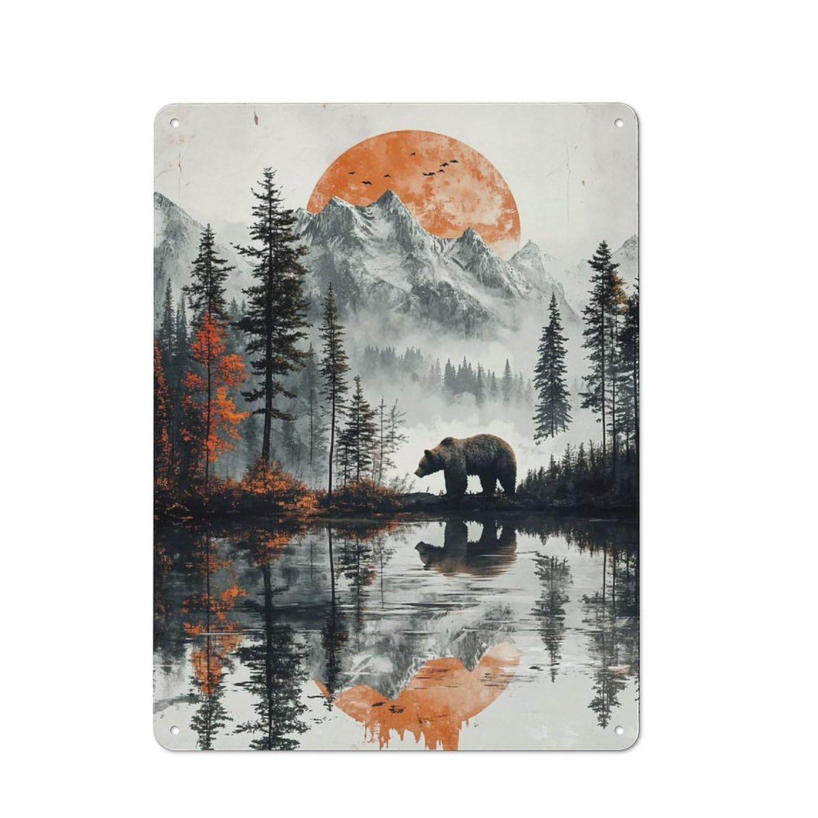 Junmoney Style-21 Vintage Tin Sign 40X30cm With Bear In Mountain Lake Landscape For Bar Or Restaurant, Suited To Bar Decor Enthusiasts
