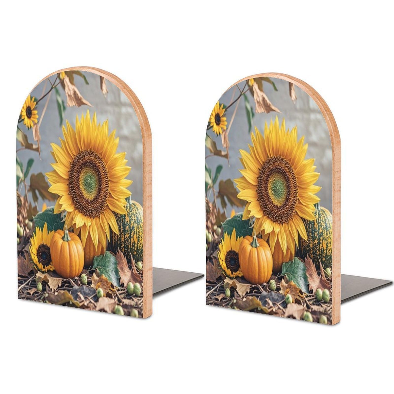 Fall Pumpkin Sunflower Bookend for Shelves Unique Book End Sturdy Books Holder Heavy Duty Wooden Bookends Support Non-Slip Book Organizers Decorative Modern Bookend Holder for Home