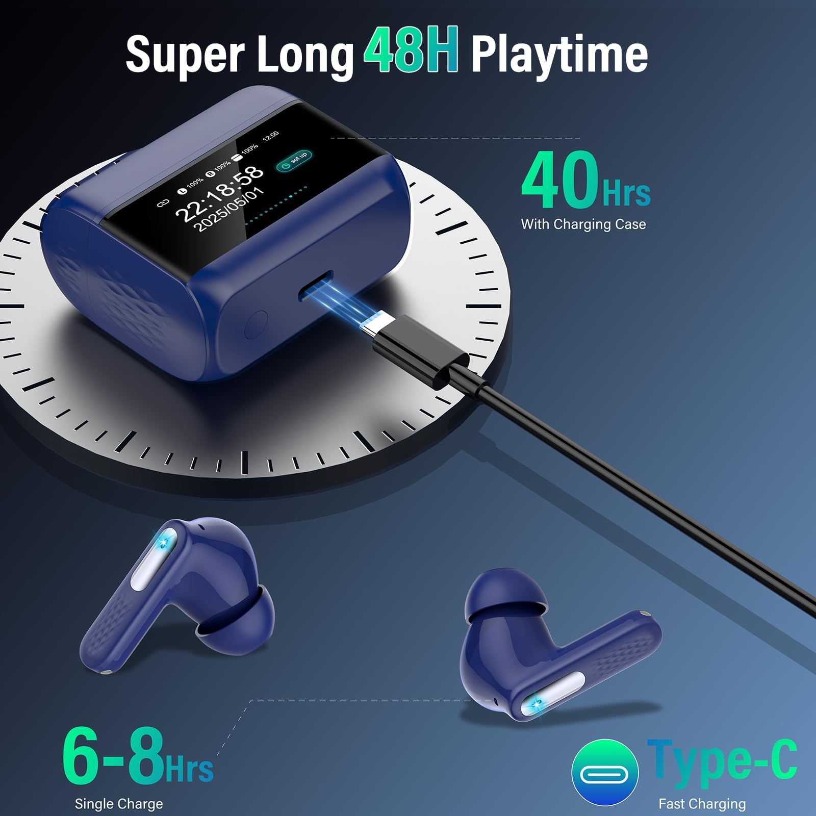 AI Auriculares Traductor en Tiempo Real con Pantalla Táctil LED, 3 en 1 Auriculares Traductores de Idiomas, 6 Modos Traducción con 164 Idiomas, Reducción de Ruido ANC+ENC, 5 Modos EQ, 48H, Bleu