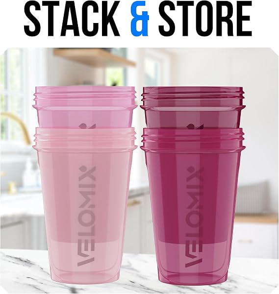 VELOMIX 4 Pack 600ml Protein Shaker Bottle, Berry Blend