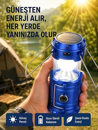 arj Edilebilir G ne  Enerjili K zakl  Kamp Feneri   USB  k l , Katlanabilir, Dayan kl  ve  ok Fonksiyonlu [Enerji S n f  A+]