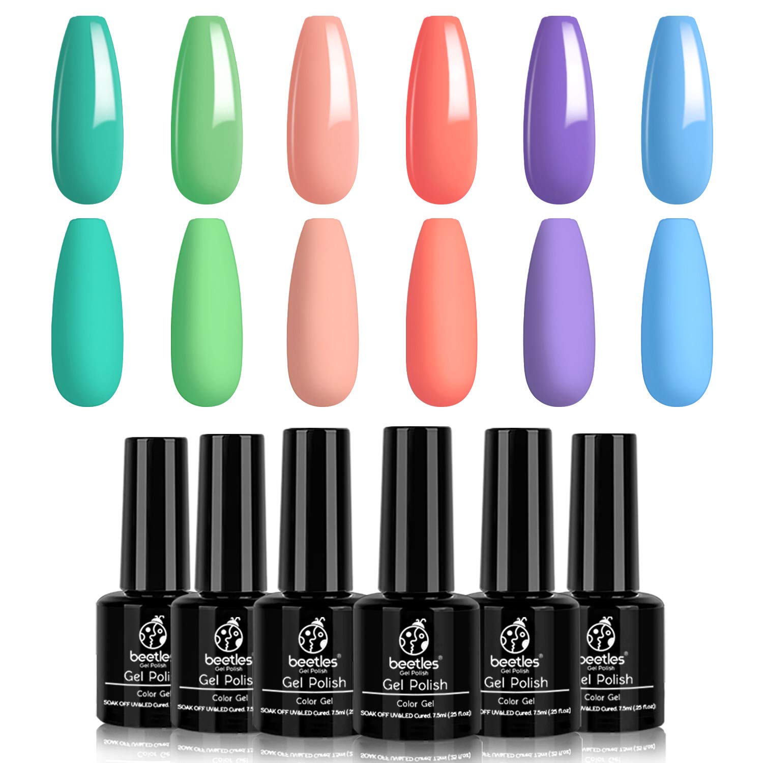 Beetles Gel Nail Polish Set - Summer Sweet Candy Collection 6 Colors Pink Blue Purple Gel Polish Kit Turquoise Green Nail Gel Polish Soak Off LED Lamp DIY Home Salon Nail Art Gift 7.3ml Each Bottle