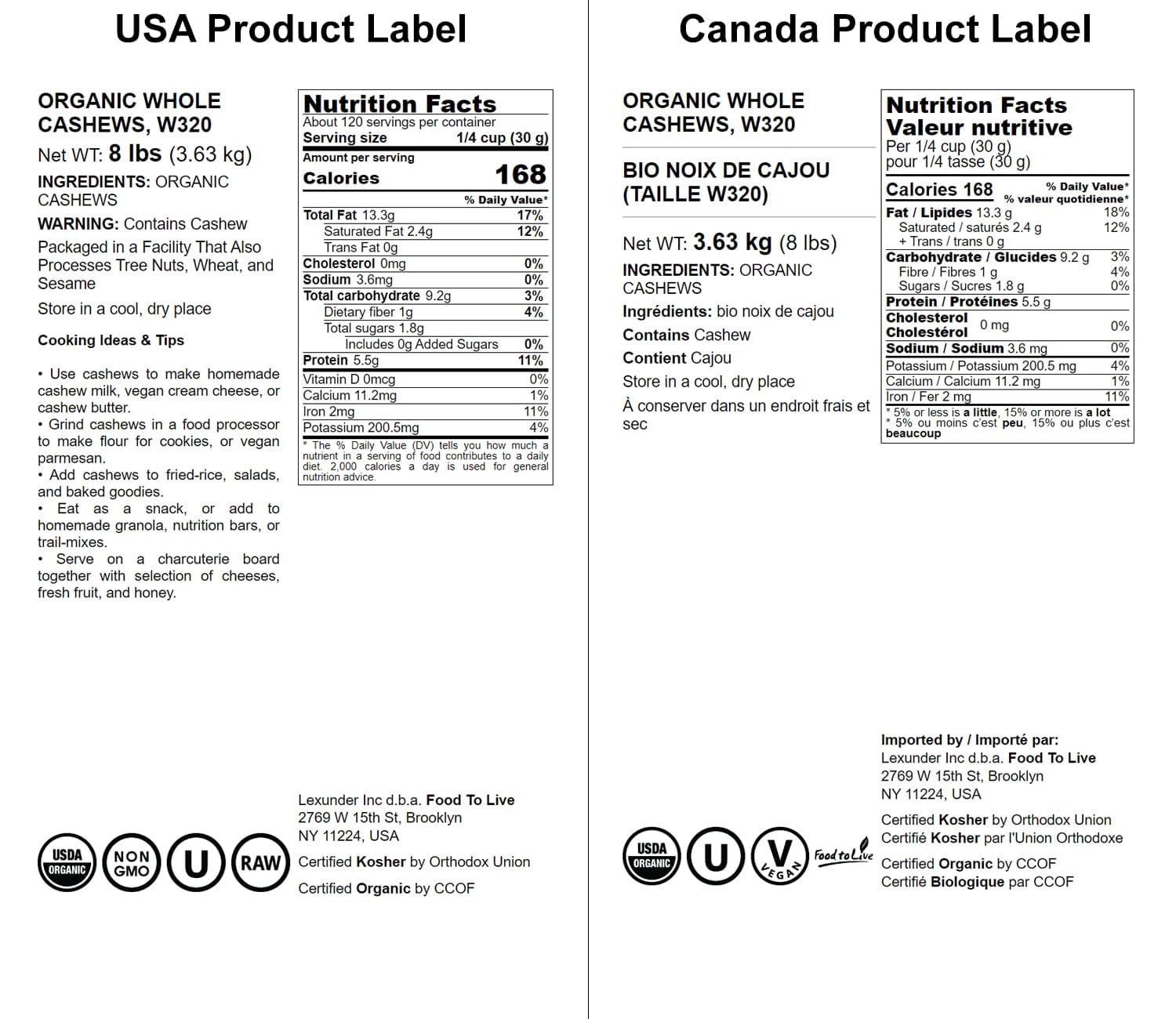 Food to Live - Organic Cashews, 8 Pounds Whole, Unsalted, Non-GMO, Kosher, Raw, Vegan, Bulk