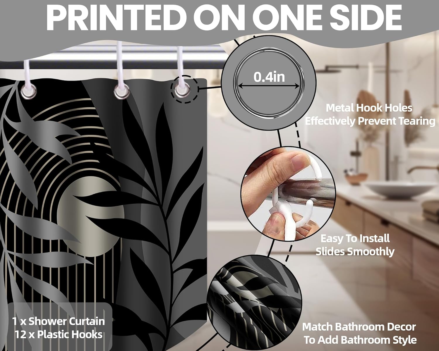 Boho Black and Grey Shower Curtain, Mid Century Modern Black and Gray Shower Curtains for Bathroom, Waterproof Fabric Set with Hooks, (70" W X 78" L)